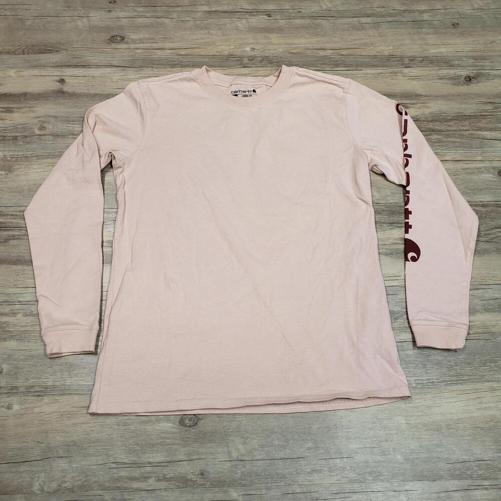 Carhartt Shirt Womens Small Pink Loose Fit Logo Sleeve Long Sleeve Cotton Tee
